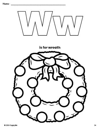 Free printable wreath Christmas coloring page, letter w coloring page for preschool, pre-k, and kindergarten