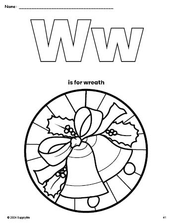 Free printable wreath Christmas coloring page, letter w coloring page for preschool, pre-k, and kindergarten