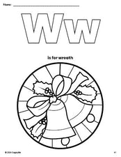 Free printable wreath Christmas coloring page, letter w coloring page for preschool, pre-k, and kindergarten