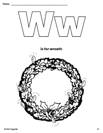 Free printable wreath Christmas coloring page, letter w coloring page for preschool, pre-k, and kindergarten