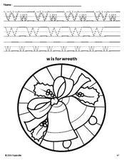 Free printable wreath Christmas coloring page, letter w tracing worksheet for preschool, pre-k, and kindergarten