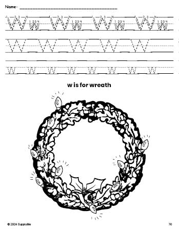 Free printable wreath Christmas coloring page, letter w tracing worksheet for preschool, pre-k, and kindergarten