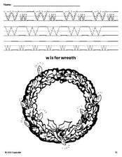 Free printable wreath Christmas coloring page, letter w tracing worksheet for preschool, pre-k, and kindergarten