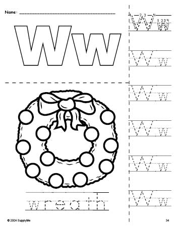 Free printable wreath Christmas coloring page and letter tracing worksheet, letter w worksheet for preschool, pre-k, and kindergarten