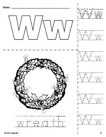 Free printable wreath Christmas coloring page and letter tracing worksheet, letter w worksheet for preschool, pre-k, and kindergarten