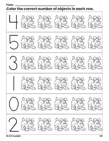 Free printable puppy count and color worksheet for preschoolers, puppy coloring page and counting worksheet numbers 0-5, PDF