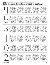 Free printable puppy count and color worksheet for preschoolers, puppy coloring page and counting worksheet numbers 0-5, PDF