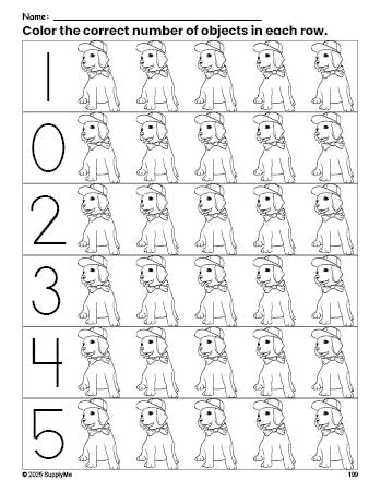 Free printable puppy count and color worksheet for preschoolers, puppy coloring page and counting worksheet numbers 0-5, PDF