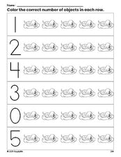 Free printable puppy count and color worksheet for preschoolers, puppy coloring page and counting worksheet numbers 0-5, PDF