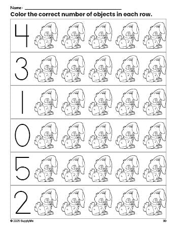 Free printable rabbit count and color worksheet for preschoolers, rabbit coloring page and counting worksheet numbers 0-5, PDF