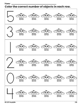 Free printable rabbit count and color worksheet for preschoolers, rabbit coloring page and counting worksheet numbers 0-5, PDF