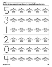 Free printable rabbit count and color worksheet for preschoolers, rabbit coloring page and counting worksheet numbers 0-5, PDF