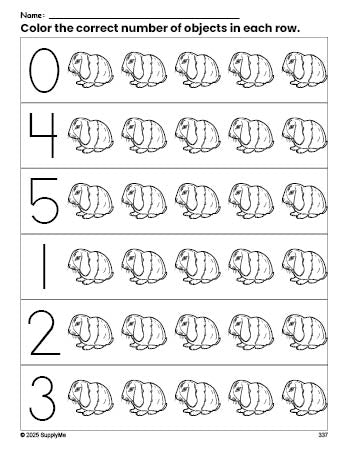 Free printable rabbit count and color worksheet for preschoolers, rabbit coloring page and counting worksheet numbers 0-5, PDF