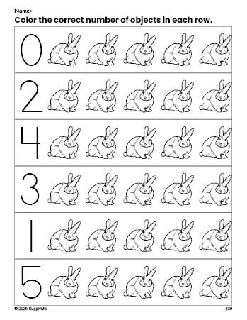 Free printable rabbit count and color worksheet for preschoolers, rabbit coloring page and counting worksheet numbers 0-5, PDF