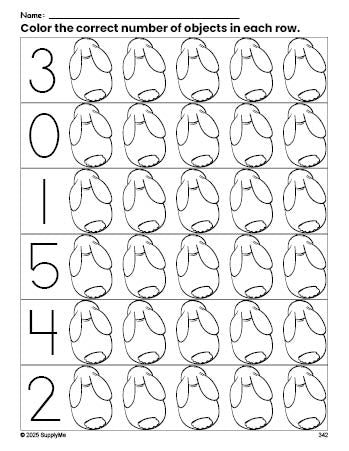 Free printable rabbit count and color worksheet for preschoolers, rabbit coloring page and counting worksheet numbers 0-5, PDF