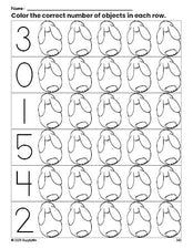 Free printable rabbit count and color worksheet for preschoolers, rabbit coloring page and counting worksheet numbers 0-5, PDF