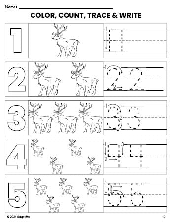 Free printable reindeer Christmas coloring page and number tracing worksheet, numbers 1-5 counting worksheet for preschool and pre-k