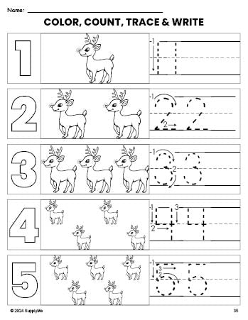 Free printable reindeer Christmas coloring page and number tracing worksheet, numbers 1-5 counting worksheet for preschool and pre-k