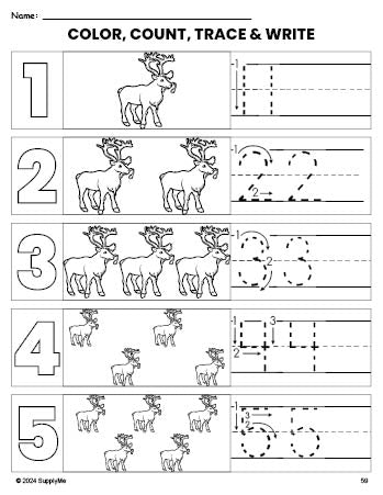 Free printable reindeer Christmas coloring page and number tracing worksheet, numbers 1-5 counting worksheet for preschool and pre-k