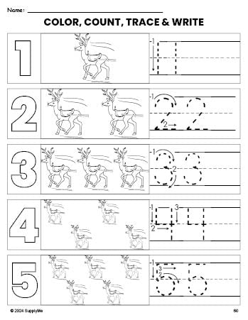 Free printable reindeer Christmas coloring page and number tracing worksheet, numbers 1-5 counting worksheet for preschool and pre-k