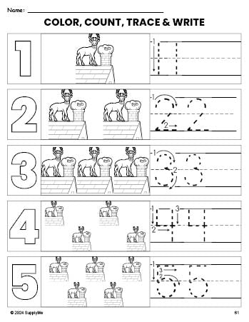 Free printable reindeer Christmas coloring page and number tracing worksheet, numbers 1-5 counting worksheet for preschool and pre-k