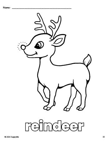 Free printable reindeer Christmas coloring page for preschool, pre-k, and kindergarten