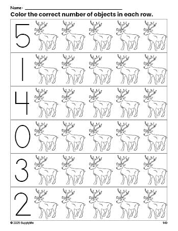 Free printable reindeer Christmas count and color worksheet for preschoolers, Christmas coloring page and counting worksheet numbers 0-5, PDF