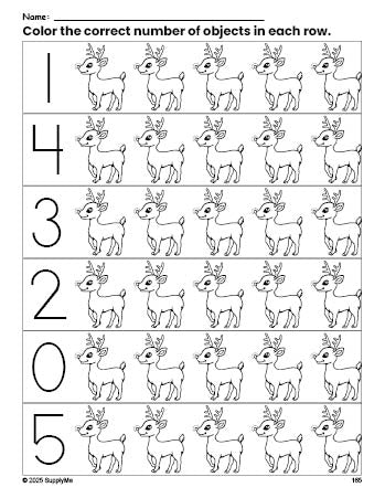 Free printable reindeer Christmas count and color worksheet for preschoolers, Christmas coloring page and counting worksheet numbers 0-5, PDF