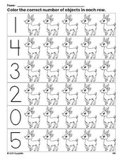 Free printable reindeer Christmas count and color worksheet for preschoolers, Christmas coloring page and counting worksheet numbers 0-5, PDF