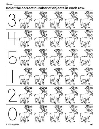 Free printable reindeer Christmas count and color worksheet for preschoolers, Christmas coloring page and counting worksheet numbers 0-5, PDF