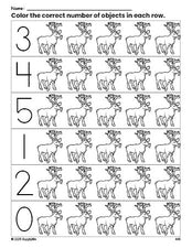 Free printable reindeer Christmas count and color worksheet for preschoolers, Christmas coloring page and counting worksheet numbers 0-5, PDF