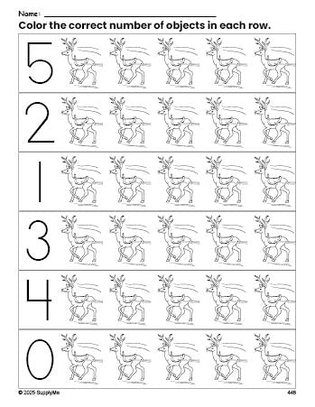 Free printable reindeer Christmas count and color worksheet for preschoolers, Christmas coloring page and counting worksheet numbers 0-5, PDF