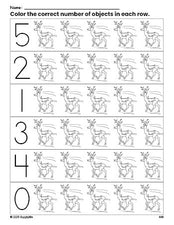 Free printable reindeer Christmas count and color worksheet for preschoolers, Christmas coloring page and counting worksheet numbers 0-5, PDF