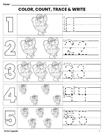 Free printable Santa Christmas coloring page and number tracing worksheet, numbers 1-5 counting worksheet for preschool and pre-k