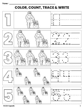 Free printable Santa Christmas coloring page and number tracing worksheet, numbers 1-5 counting worksheet for preschool and pre-k