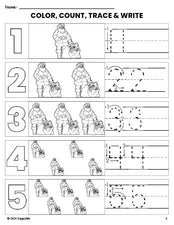 Free printable Santa Christmas coloring page and number tracing worksheet, numbers 1-5 counting worksheet for preschool and pre-k