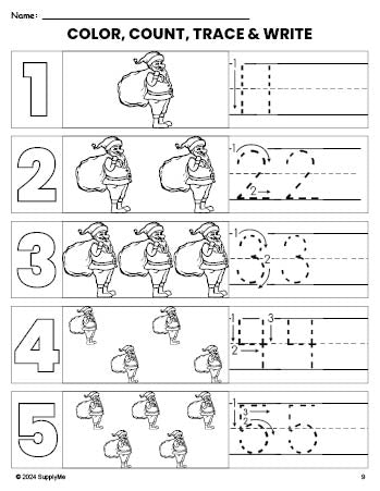 Free printable Santa Christmas coloring page and number tracing worksheet, numbers 1-5 counting worksheet for preschool and pre-k