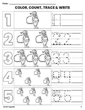 Free printable Santa Christmas coloring page and number tracing worksheet, numbers 1-5 counting worksheet for preschool and pre-k