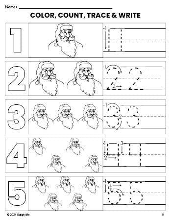 Free printable Santa Christmas coloring page and number tracing worksheet, numbers 1-5 counting worksheet for preschool and pre-k