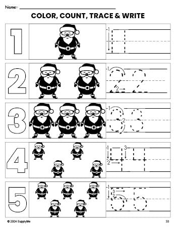 Free printable Santa Christmas coloring page and number tracing worksheet, numbers 1-5 counting worksheet for preschool and pre-k