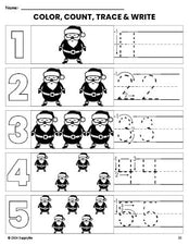 Free printable Santa Christmas coloring page and number tracing worksheet, numbers 1-5 counting worksheet for preschool and pre-k