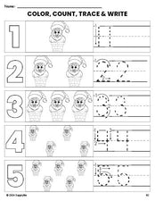 Free printable Santa Christmas coloring page and number tracing worksheet, numbers 1-5 counting worksheet for preschool and pre-k