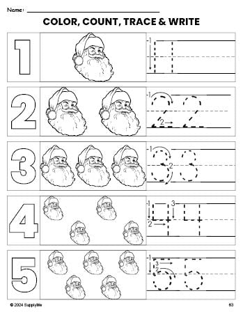 Free printable Santa Christmas coloring page and number tracing worksheet, numbers 1-5 counting worksheet for preschool and pre-k