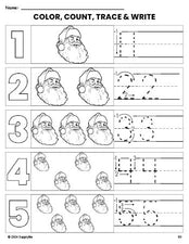 Free printable Santa Christmas coloring page and number tracing worksheet, numbers 1-5 counting worksheet for preschool and pre-k