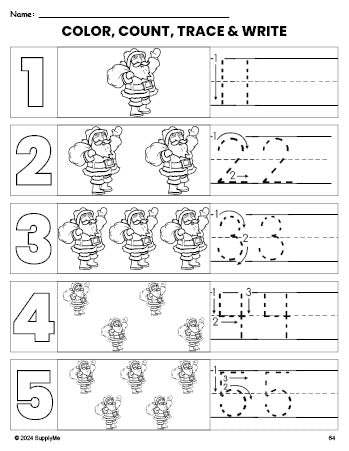 Free printable Santa Christmas coloring page and number tracing worksheet, numbers 1-5 counting worksheet for preschool and pre-k