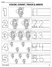 Free printable Santa Christmas coloring page and number tracing worksheet, numbers 1-5 counting worksheet for preschool and pre-k