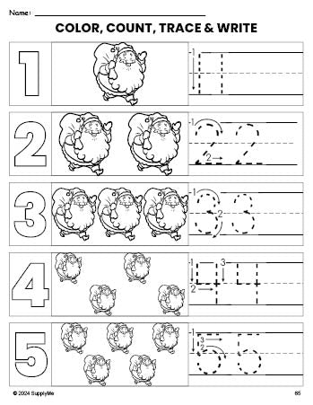 Free printable Santa Christmas coloring page and number tracing worksheet, numbers 1-5 counting worksheet for preschool and pre-k