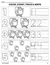 Free printable Santa Christmas coloring page and number tracing worksheet, numbers 1-5 counting worksheet for preschool and pre-k