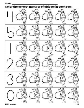 Free printable Santa Christmas count and color worksheet for preschoolers, Christmas coloring page and counting worksheet numbers 0-5, PDF