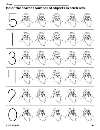 Free printable Santa Christmas count and color worksheet for preschoolers, Christmas coloring page and counting worksheet numbers 0-5, PDF